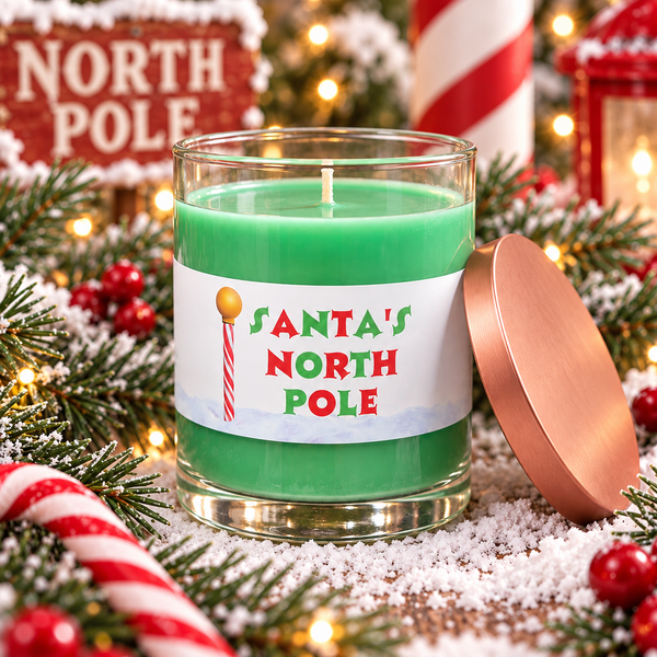 A green jar candle with a white label reading 'Santa's North Pole' and a red-and-white candy cane graphic, shown with its copper-toned lid beside it in a festive holiday setting with pine branches, lights, candy canes, and red berries.