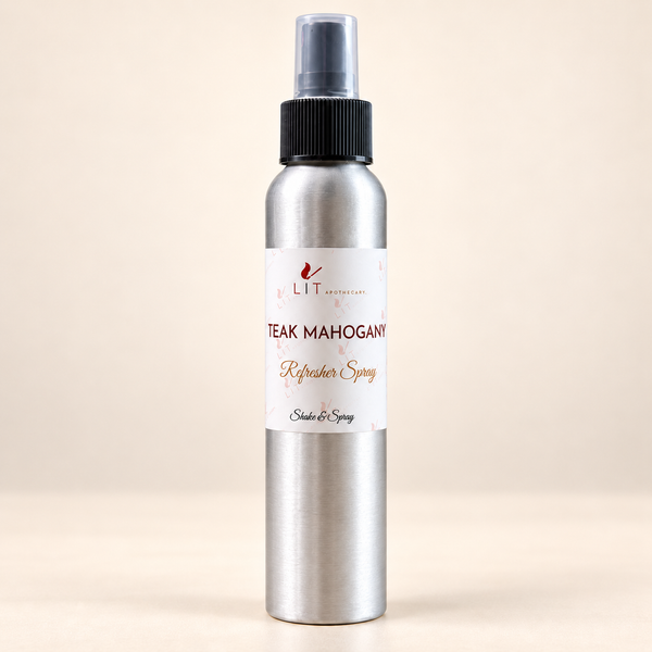 Teak Mahogany room spray in a silver aluminum bottle by Lit Apothecary