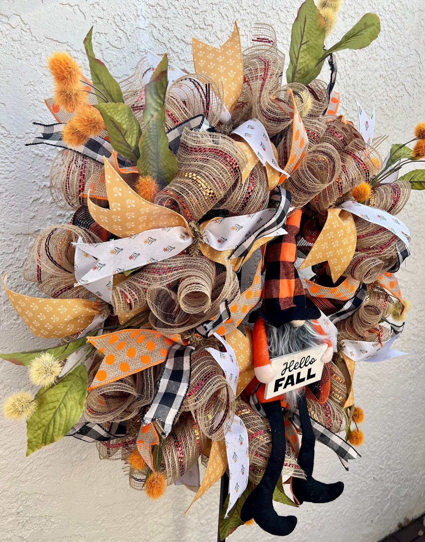 24" Hello Fall Gnome Wreath - Orange Black Yellow Fall Wreath - Cute Gnome Fall Wreath