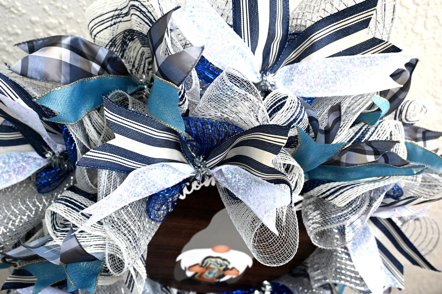 24" Gnome Welcome Wreath Blue & Silver- Changeable Hands Gnome Wreath