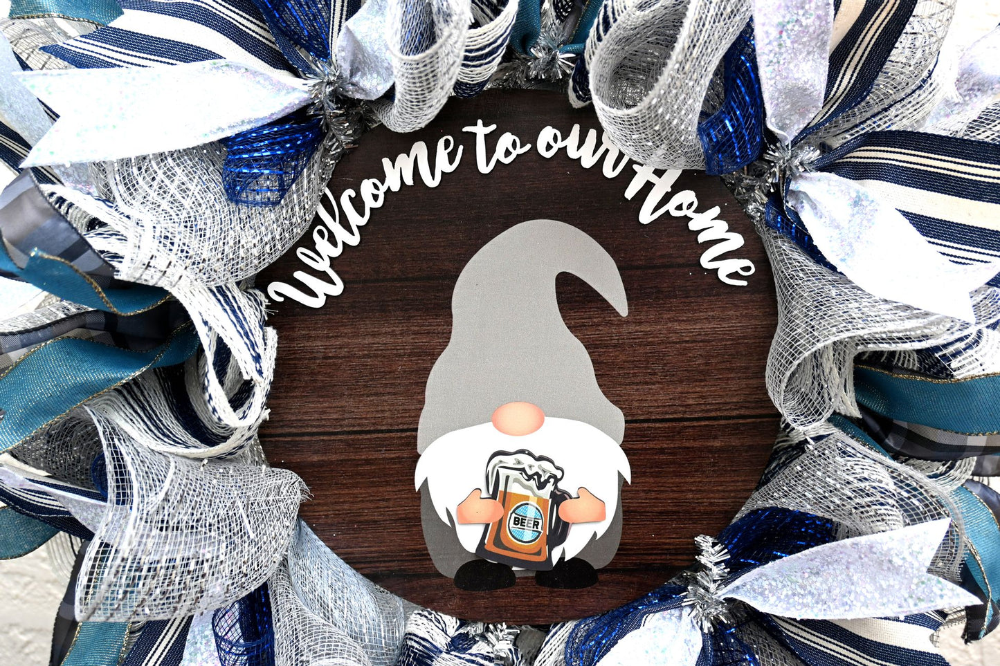 24" Gnome Welcome Wreath Blue & Silver- Changeable Hands Gnome Wreath