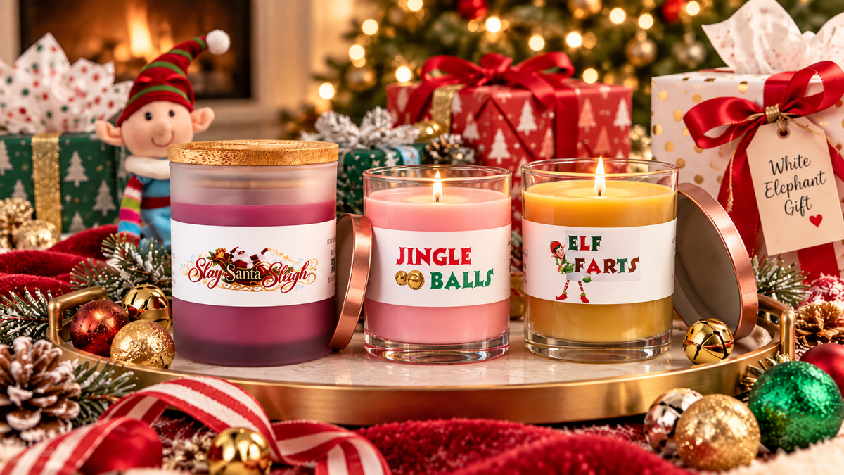 Slay Santa Sleigh, Jingle Balls and Elf Farts Christmas candles on a gold tray with wrapped gifts and a white elephant gift tag