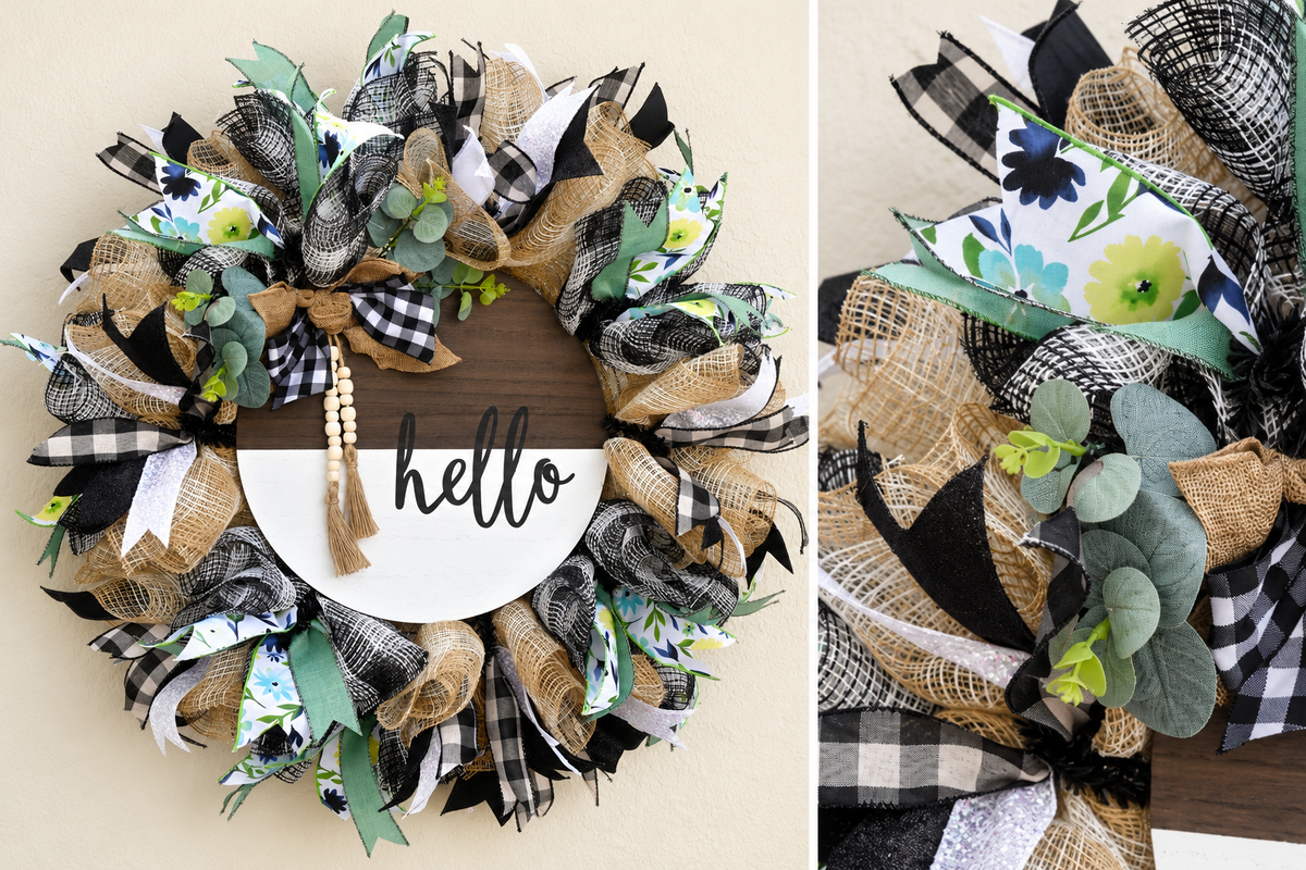 Handmade Hello wreath with buffalo check, floral, and sage green ribbons beside a close-up of its wired ribbons, mesh, and eucalyptus accents.