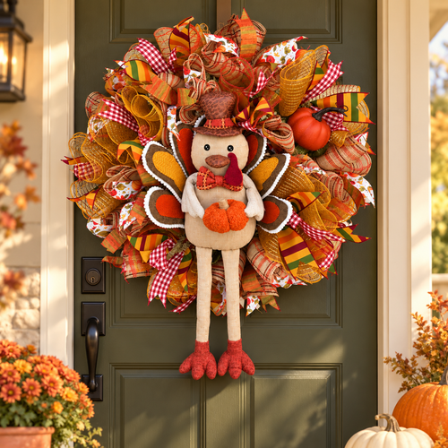 Turkey Thanksgiving wreath with autumn ribbons and dangling legs on an olive front door, styled with pumpkins and mums