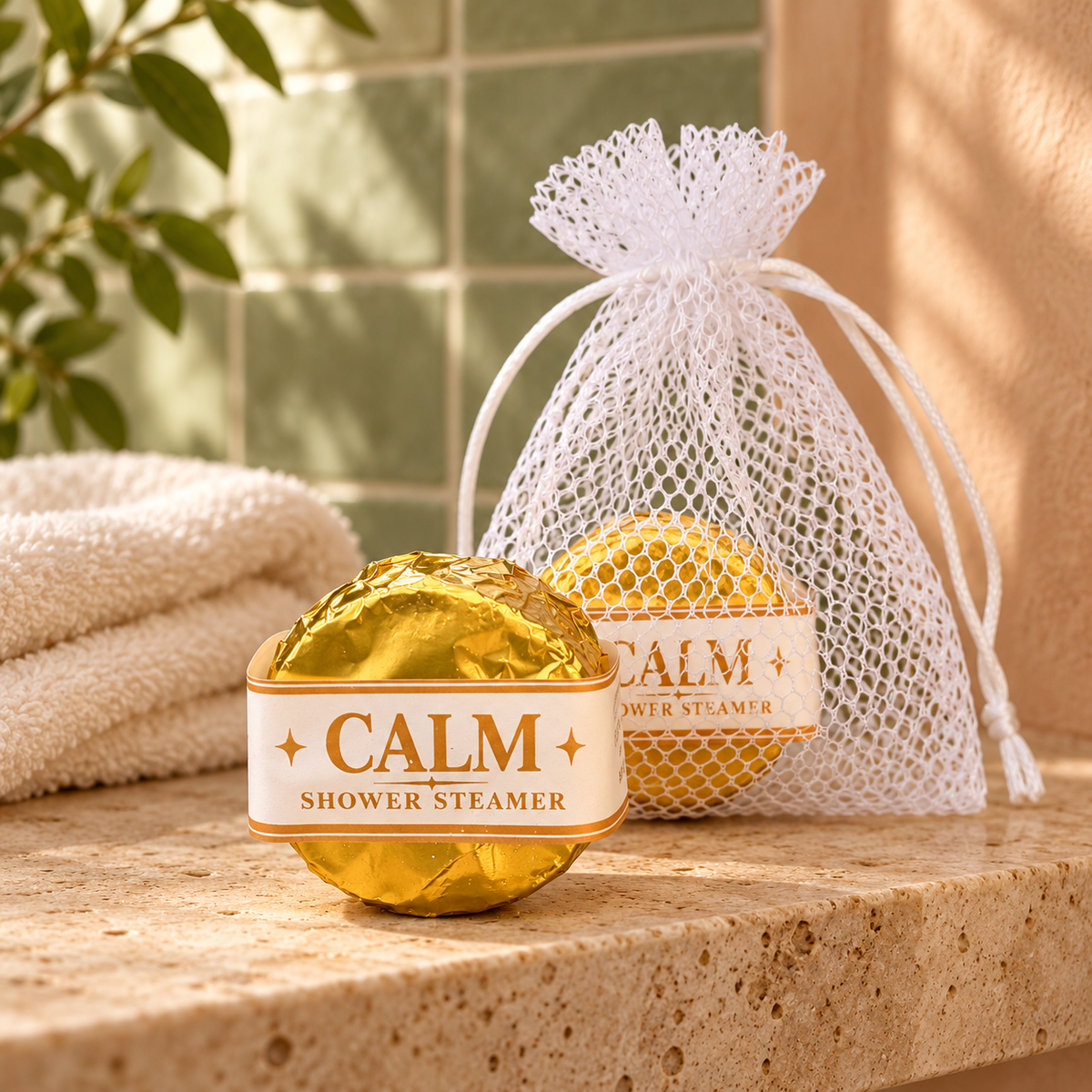 LIT Apothecary CALM shower steamer in gold foil beside a white mesh pouch on a stone bathroom shelf with sage tiles, peach walls, and folded ivory towels.