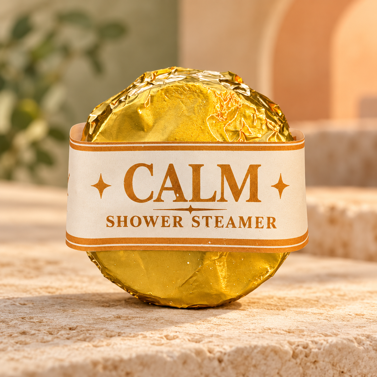 LIT Apothecary CALM shower steamer wrapped in gold foil with a cream and gold label, displayed on pale stone against a soft peach and sage spa background.