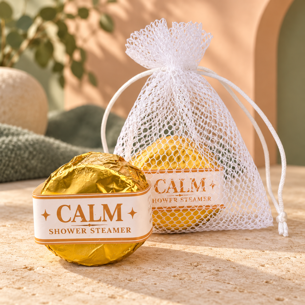 LIT Apothecary CALM shower steamer wrapped in gold foil beside a white mesh pouch holding another steamer, displayed on pale stone against a peach and sage spa background.