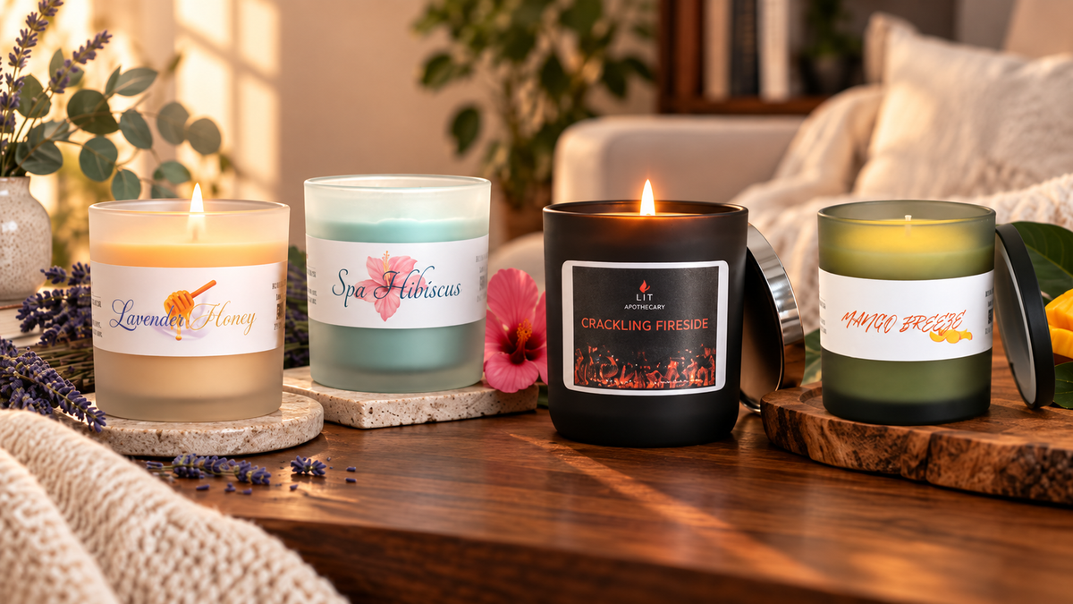 Lavender Honey, Spa Hibiscus, Crackling Fireside and Mango Breeze candles burning on a wooden table in a cozy indoor setting.