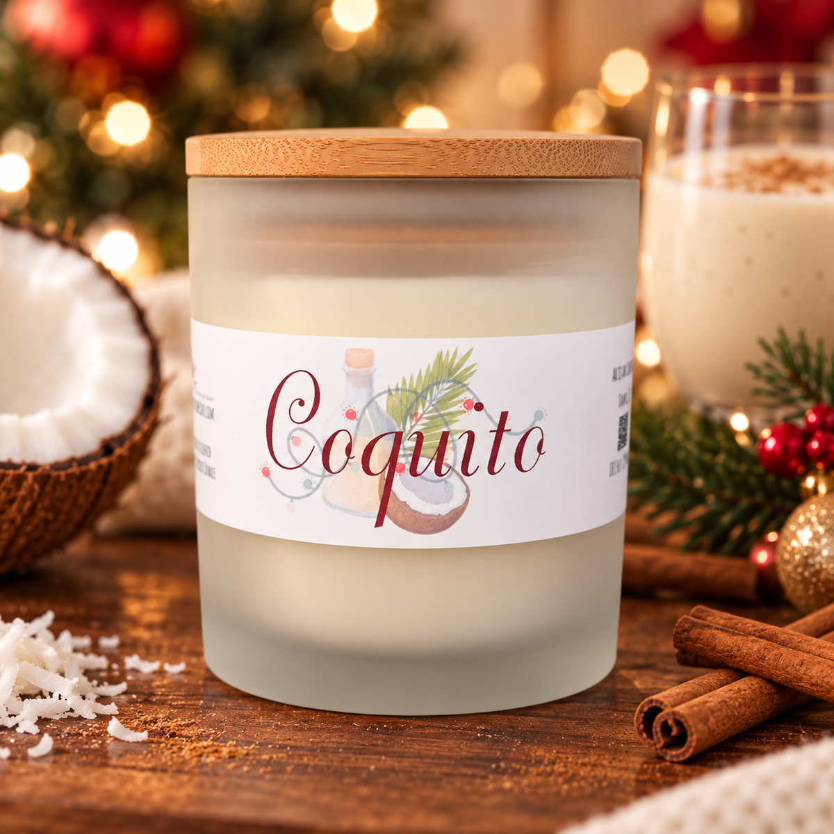 Coquito Christmas candle in a frosted glass jar with wood lid, styled with coconut, cinnamon sticks, and holiday decor for festive home fragrance.