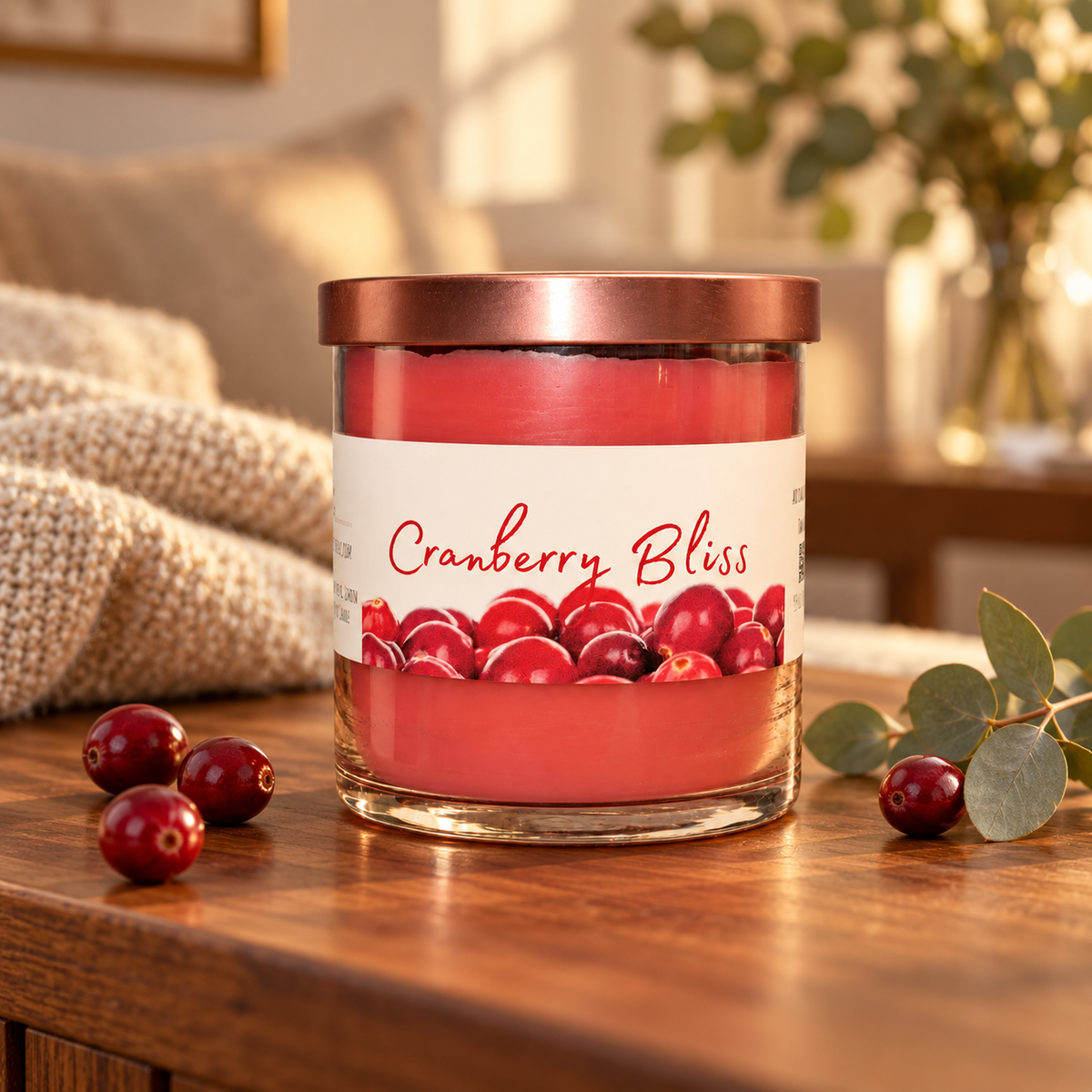 Lit Apothecary Cranberry Bliss candle on a walnut table in a warm living room