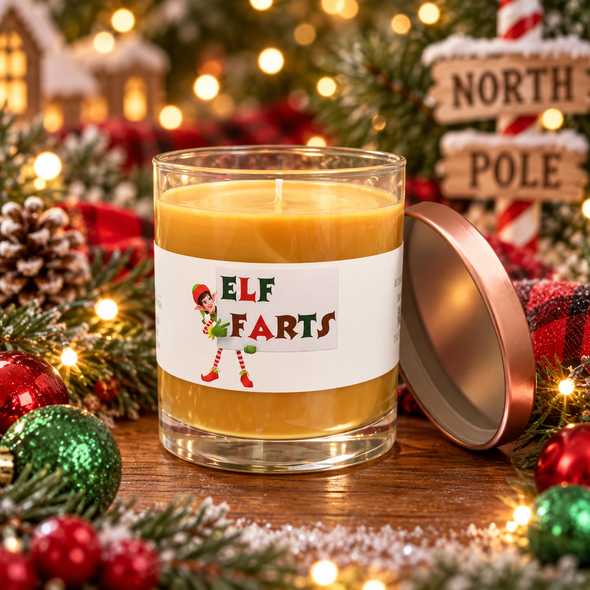 Elf Farts Christmas candle with brown sugar and cinnamon fragrance, styled with festive holiday lights, ornaments, pine greenery, and a decorative North Pole sign.