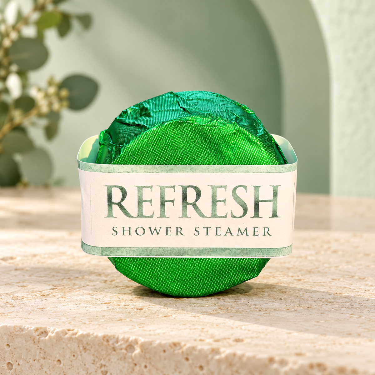LIT Apothecary REFRESH shower steamer wrapped in green foil with a cream and green label, displayed on pale stone against a soft green background with eucalyptus leaves.