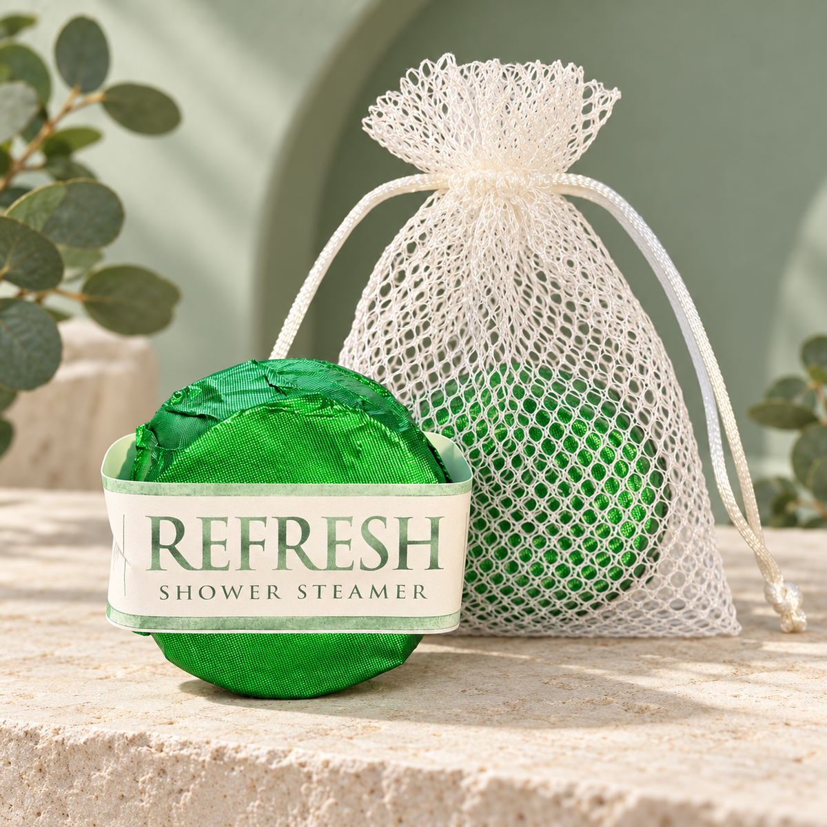 LIT Apothecary REFRESH shower steamer wrapped in green foil beside a white mesh pouch holding another steamer, displayed against a soft green spa background with eucalyptus leaves.