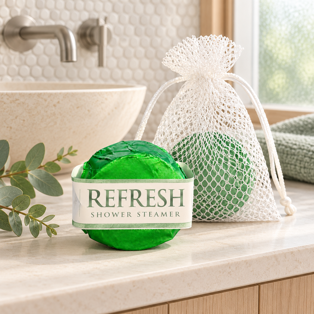 LIT Apothecary REFRESH shower steamer in green foil beside a white mesh pouch on a light oak bathroom vanity with ivory tiles, eucalyptus leaves, and a mint towel.