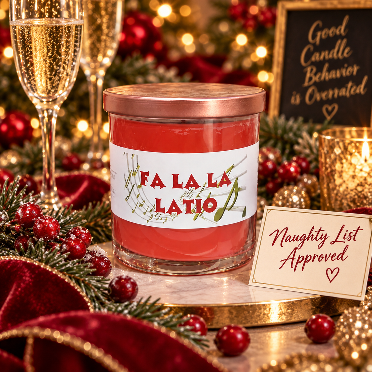 A festive holiday candle in a clear glass jar with a rose gold lid and a white label reading 'FA LA LA LATIO' in red text. The candle is styled on a marble surface with a 'Naughty List Approved' card, champagne flutes, red berries, green pine branches, and a blurred Christmas background.
