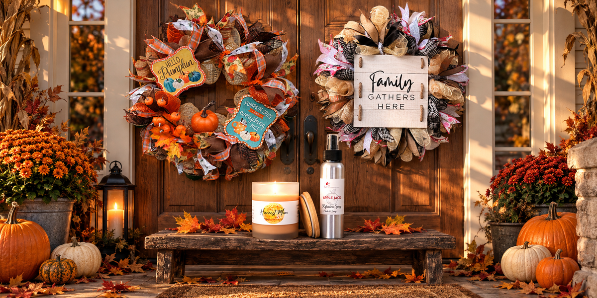 Autumn-themed front door decorated with two large decorative wreaths, pumpkins, fall flowers, a lantern, and a bench holding a candle and a bottle. The right wreath has a white sign reading 'Family Gathers Here'.