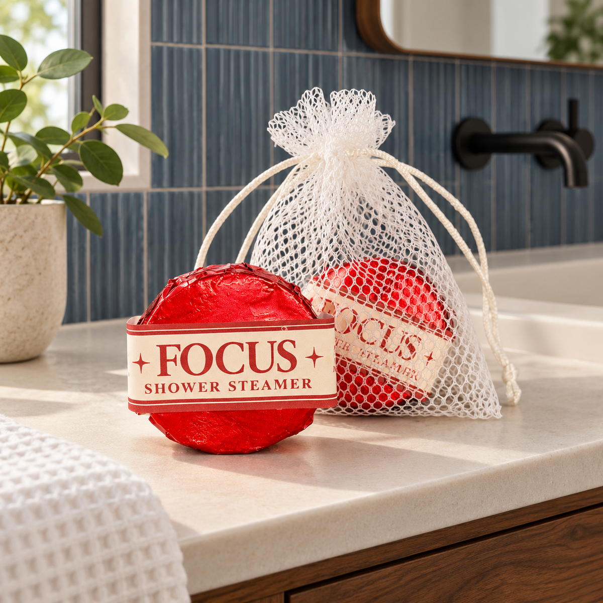 LIT Apothecary FOCUS shower steamer in red foil beside a white mesh pouch on a bathroom vanity with slate-blue tiles, walnut cabinetry, and matte black fixtures.