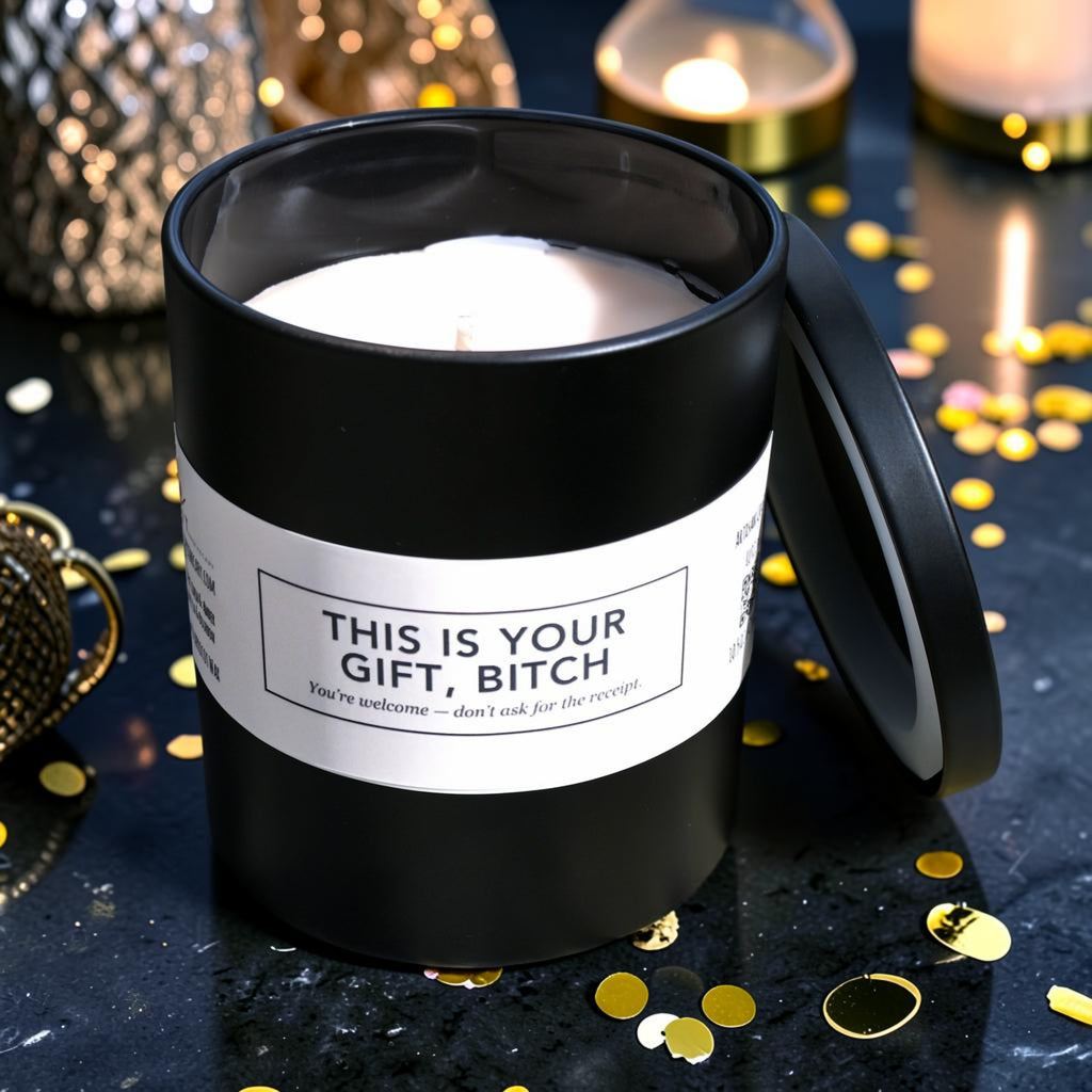 A black glass jar candle with its lid leaning against it, filled with cream wax and featuring a cream label that reads, 'THIS IS YOUR GIFT, BITCH.' The candle is styled on a dark reflective surface with scattered gold confetti and warm blurred candles in the background.