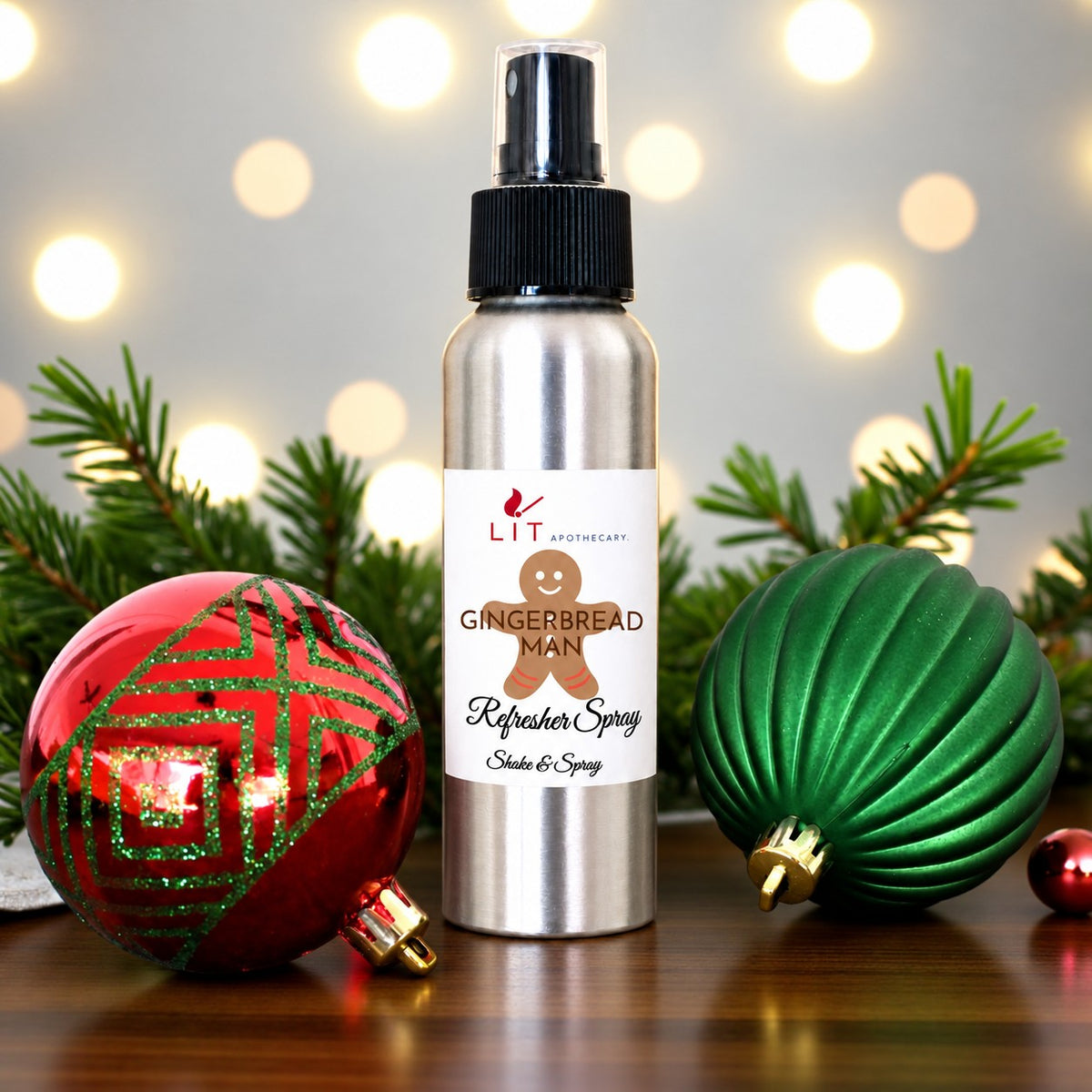 Gingerbread room spray by Lit Apothecary, a 4 fl oz Christmas home fragrance with spiced gingerbread, sweet candy, and vanilla notes.