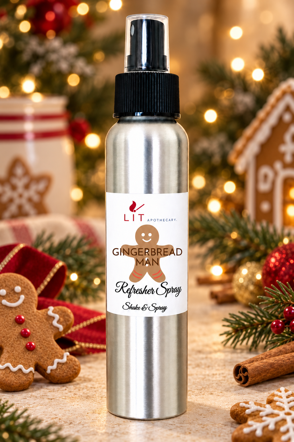 Gingerbread Man room spray with festive gingerbread label, a warm spiced gingerbread, candy, and vanilla Christmas home fragrance.