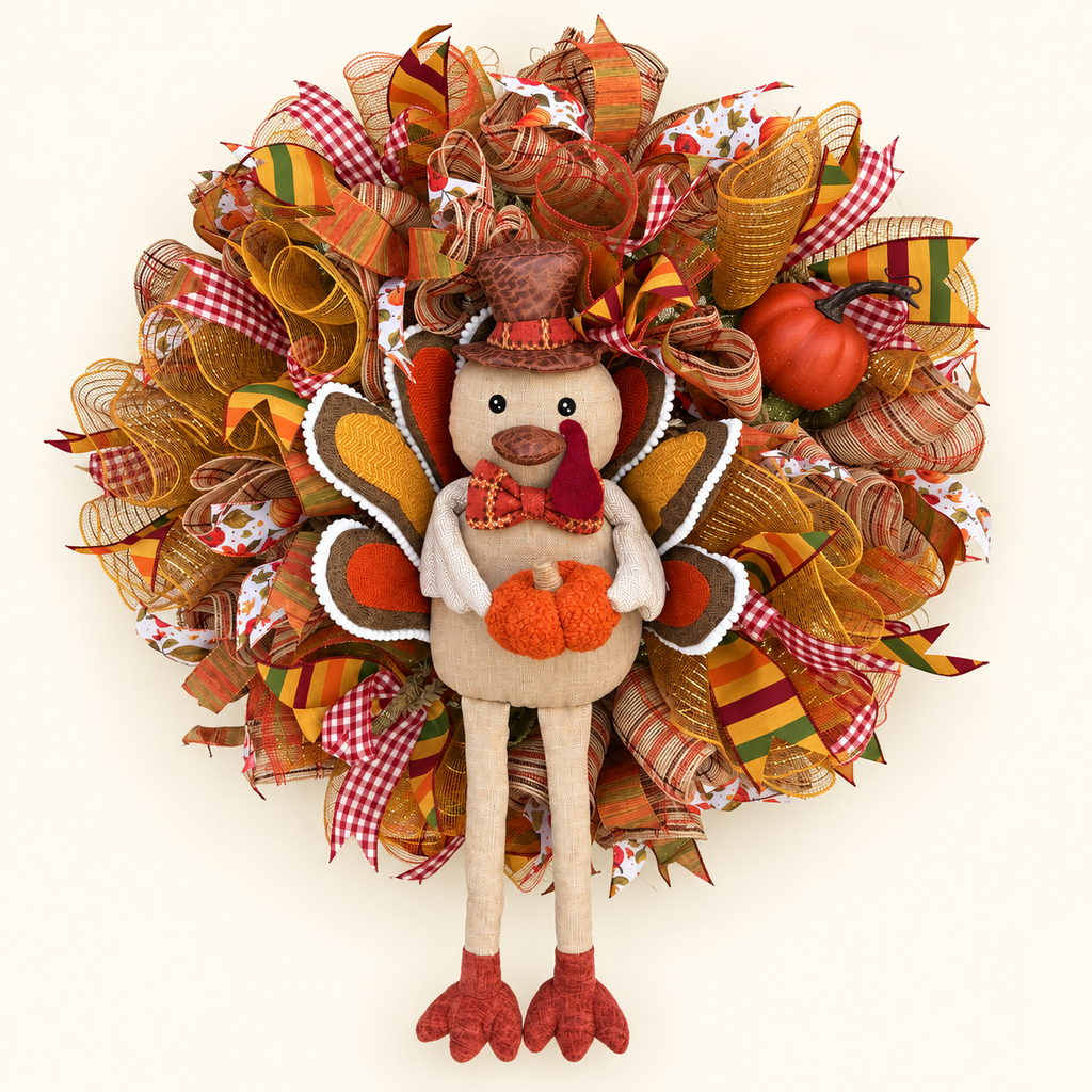 24-inch turkey Thanksgiving wreath with a plush turkey, pumpkins, and colorful autumn ribbons against an ivory background