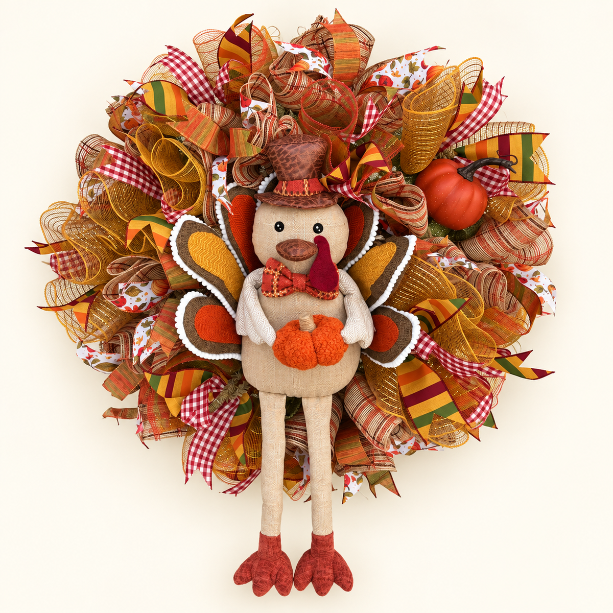 24-inch turkey Thanksgiving wreath with a plush turkey, pumpkins, and colorful autumn ribbons against an ivory background