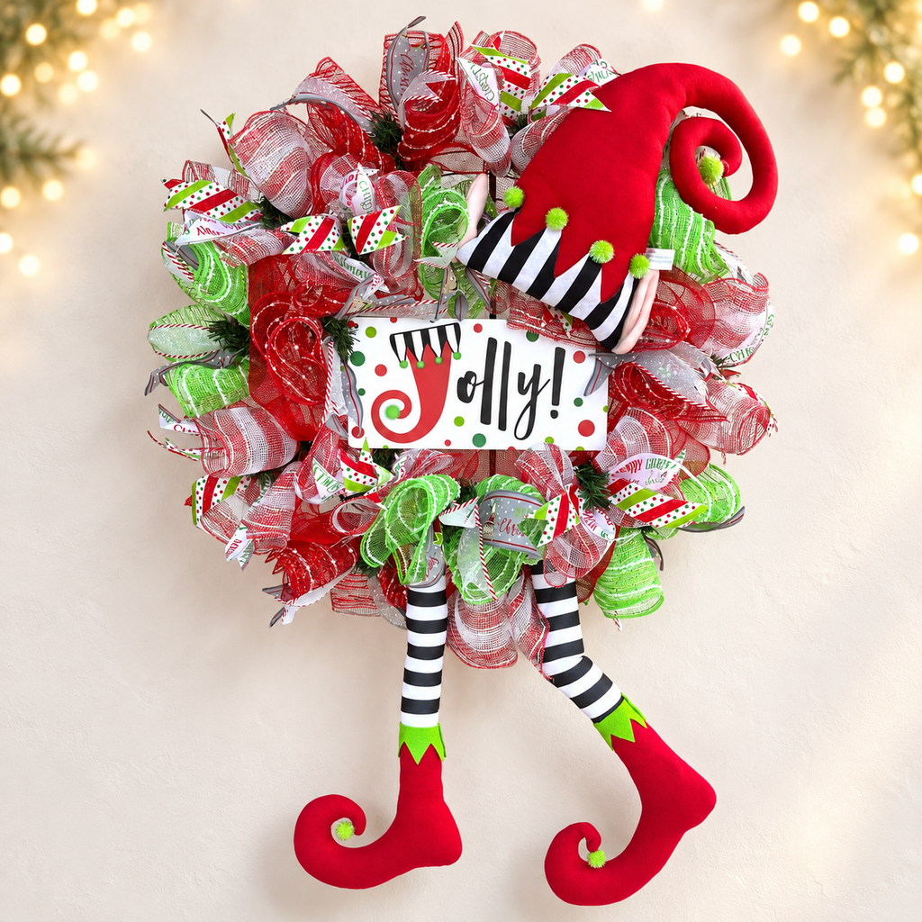 Jolly Elf Christmas Wreath – Red & Green with Elf Hat and Legs