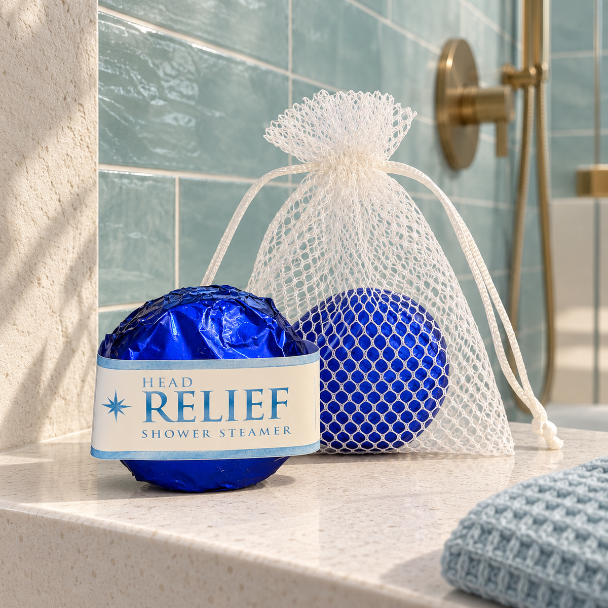LIT Apothecary HEAD RELIEF shower steamer in blue foil beside a white mesh pouch on a shower ledge with sea-glass tiles, brushed brass fixtures, and a pale blue washcloth.