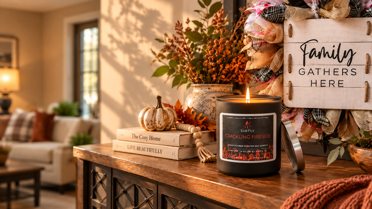A lit black candle jar labeled 'Simply Scenic Falls' sits on a wooden console table in a cozy living room setting with fall decor, including a small pumpkin, stacked books, dried flowers, and a rustic sign that reads 'Family Gathers Here'.