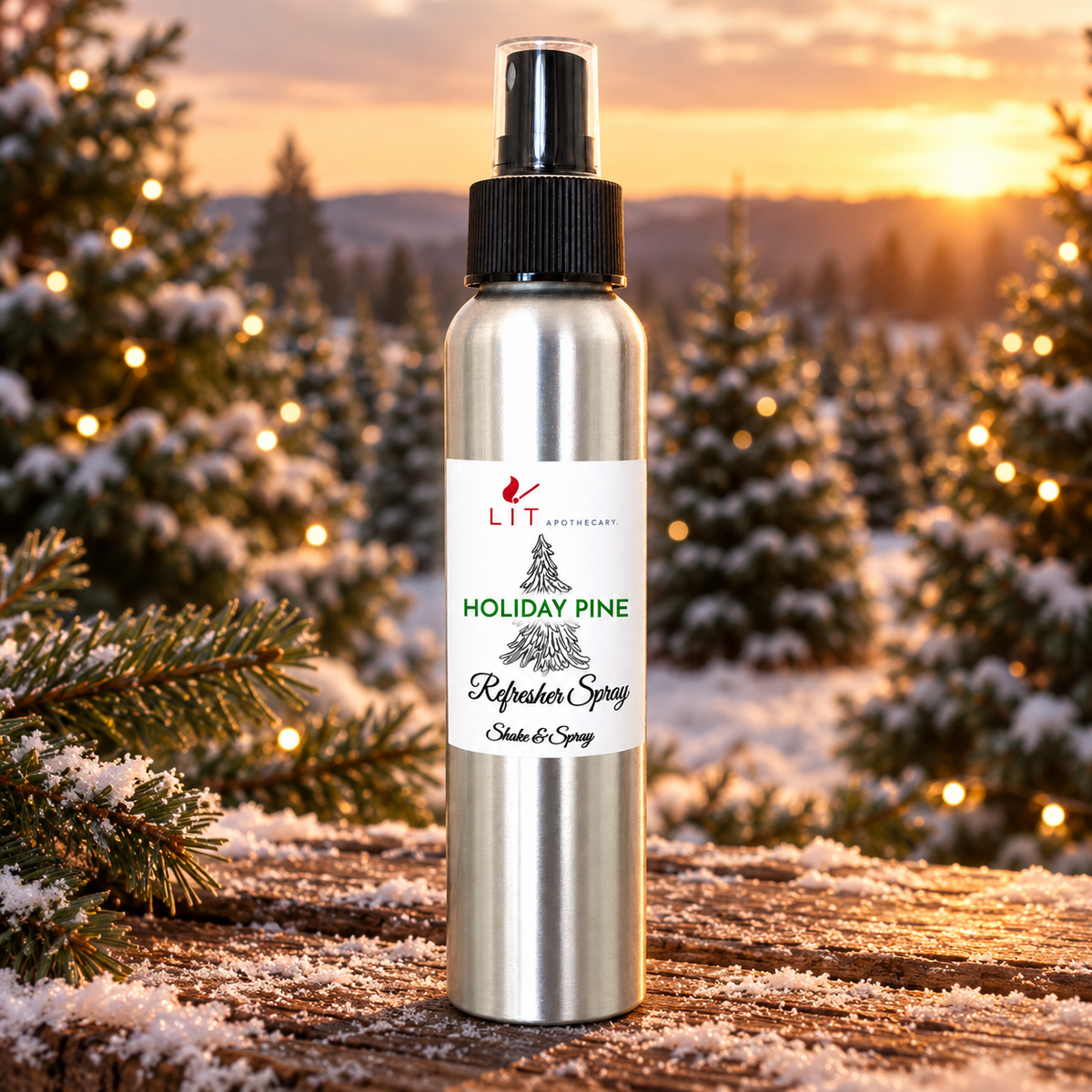 Holiday Pine Christmas room spray with fresh pine and evergreen scent, displayed among snowy Christmas trees and warm holiday lights.