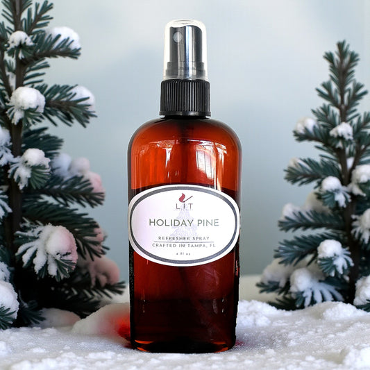 Holiday Pine Room Spray, a delightful pine air freshener that captures the festive scent of holiday pine, perfect for refreshing any space.