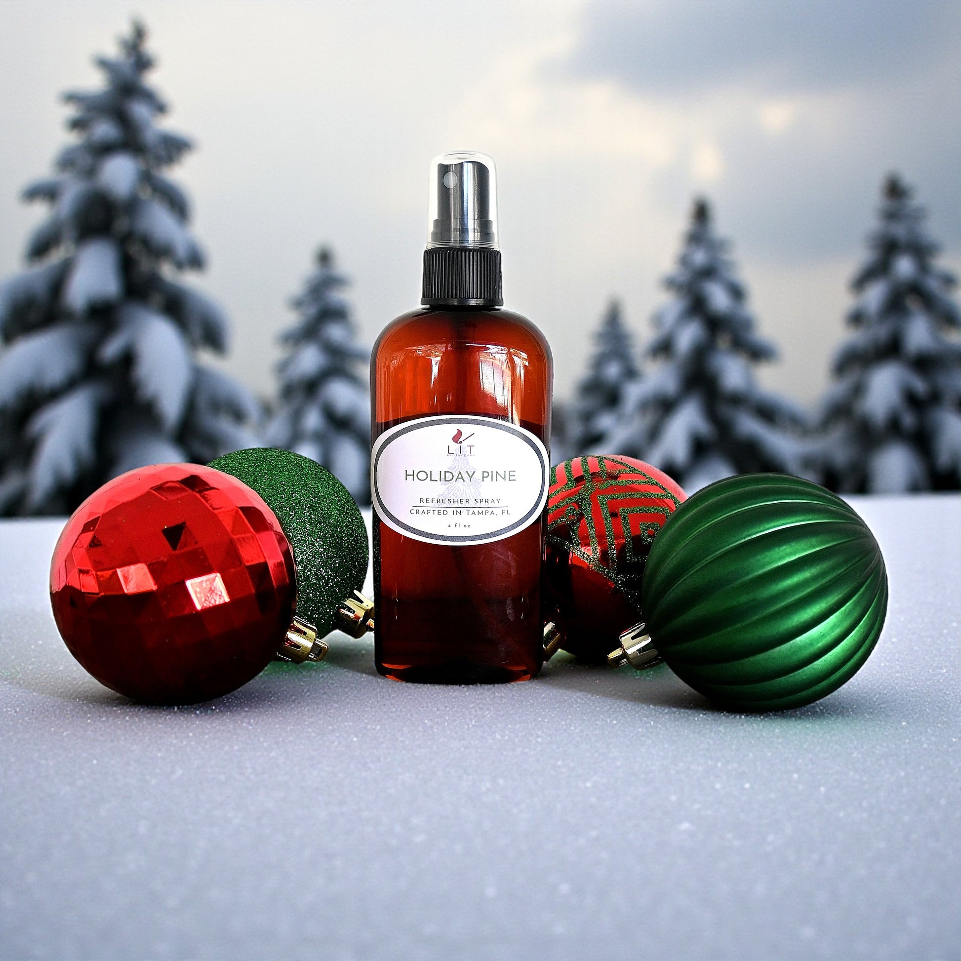 Holiday Pine air freshener in a stylish spray bottle, designed to spread the joyful aroma of pine and lime throughout your home.