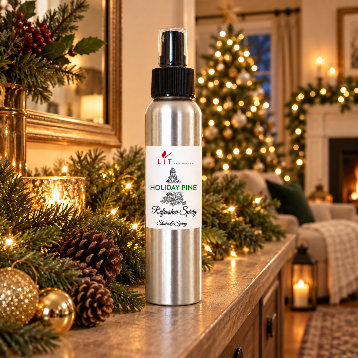 A silver metal spray bottle labeled 'LIT Home Fragrances Holiday Pine Refresher Spray' stands on a wooden mantel in a cozy, warmly lit Christmas living room decorated with pine branches, pinecones, and glowing string lights.
