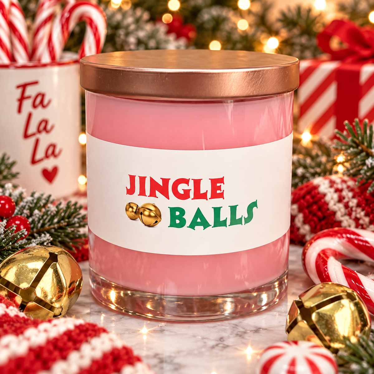 A pink candle in a clear glass jar with a metallic rose-gold lid and a white label reading 'JINGLE BALLS' in red and green with gold bells. The candle is styled on a marble surface with holiday decorations including candy canes, pine branches, gold bells, and wrapped gifts in the background.