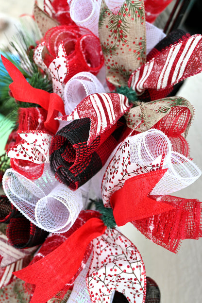 Joy Wreath - Ornament Wreath - Beautifully arranged joy ornament wreath showcasing the combination of red, black, and iridescent white elements.