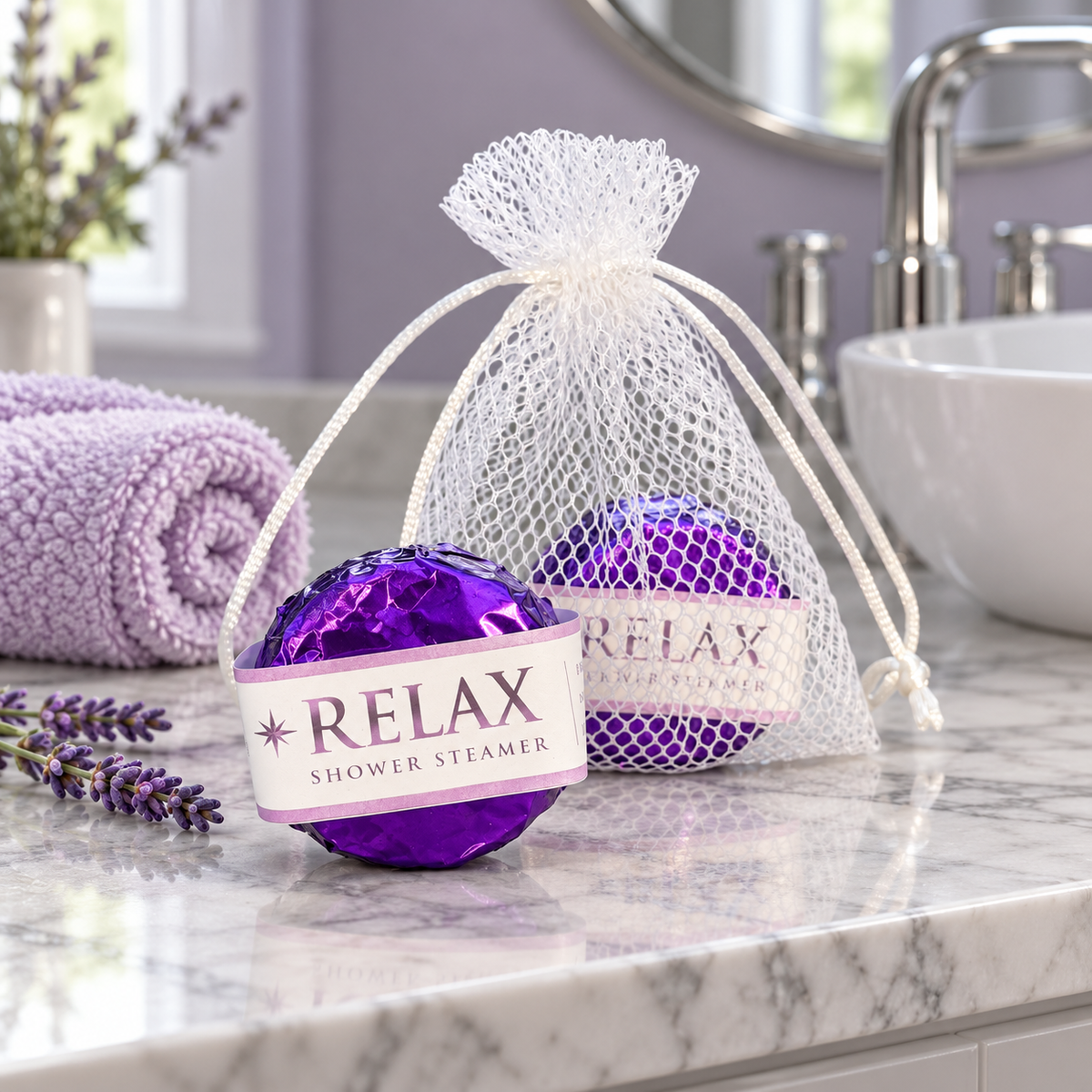 LIT Apothecary RELAX shower steamer in purple foil beside a white mesh pouch on a white marble bathroom vanity with lavender walls, chrome fixtures, and a lilac towel.