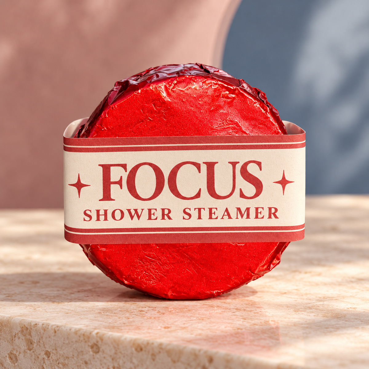 LIT Apothecary FOCUS shower steamer wrapped in red foil with a cream and red label, displayed on a pale stone surface against a soft rose and slate-blue background.