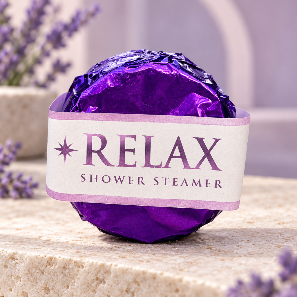 LIT Apothecary RELAX shower steamer wrapped in purple foil with a cream and lavender label, displayed on pale stone against a soft lavender spa background.