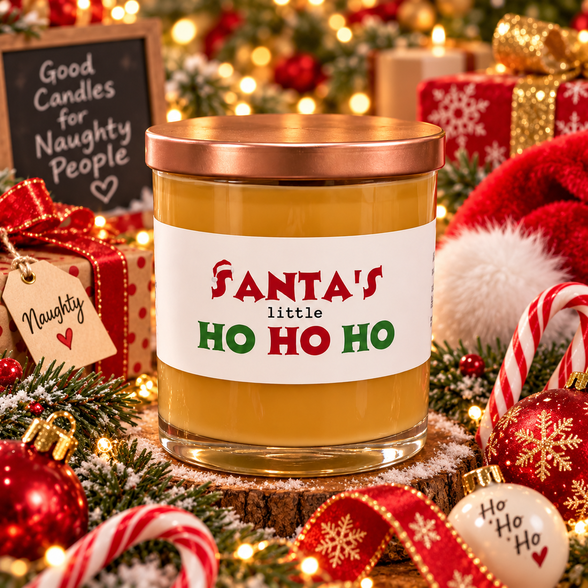 A festive holiday candle in a clear glass jar with a rose gold lid and a white label reading 'Santa's little HO HO HO' in red and green. The candle is surrounded by Christmas decorations including candy canes, ornaments, a Santa hat, and a small chalkboard sign that says 'Good Candles for Naughty People'.