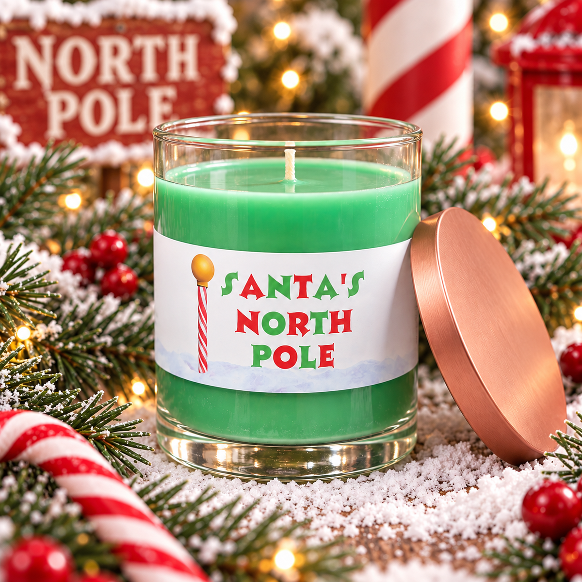 A green jar candle with a white label reading 'Santa's North Pole' and a red-and-white candy cane graphic, shown with its copper-toned lid beside it in a festive holiday setting with pine branches, lights, candy canes, and red berries.