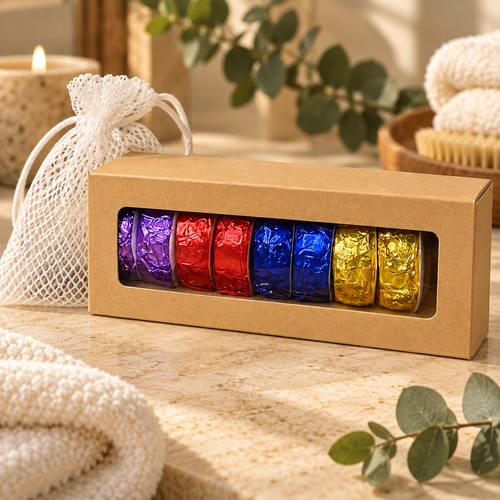 Eight shower steamers in gift box with included white mesh bag on a bathroom counter
