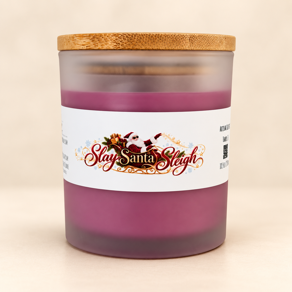 Front view of Slay Santa Sleigh Frosted Sugar Plum candle with plum-colored apricot coconut wax and bamboo lid.