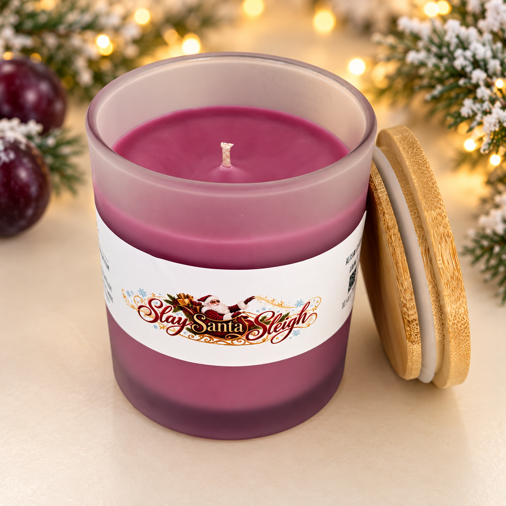 Angled top view of Slay Santa Sleigh candle showing plum-colored wax and a single cotton wick.