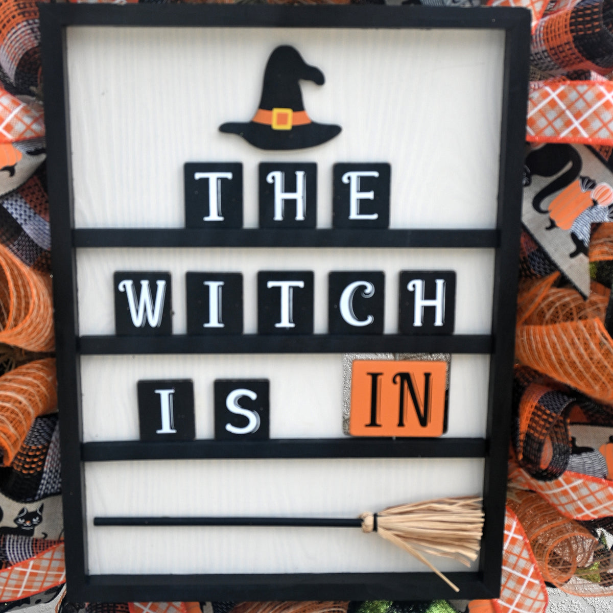 Reversible Witch Is In Halloween wreath sign with witch hat and broom details.