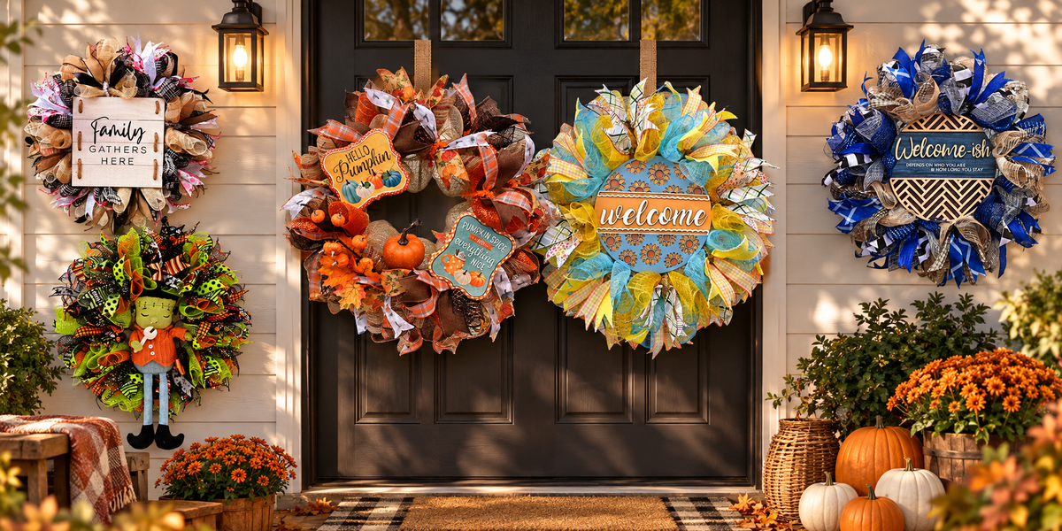 Four handmade fall wreaths hanging on a front door with pumpkins, mums and lanterns.