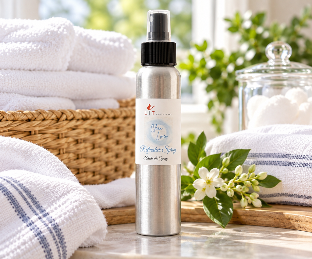 Clean Linen Room Spray lifestyle image with fresh linens