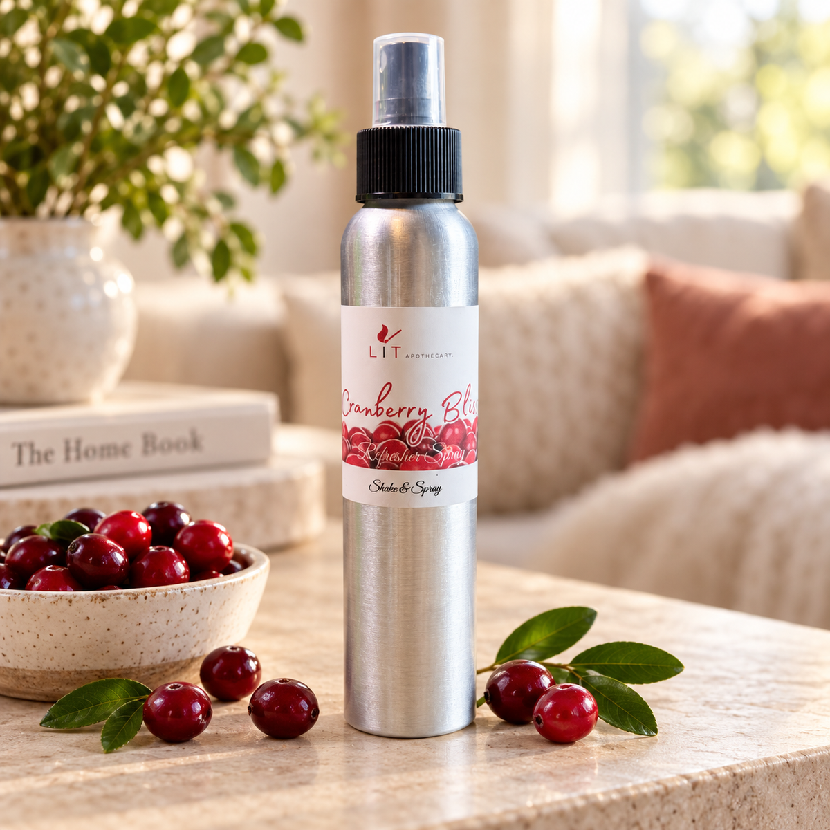 Cranberry Bliss room spray displayed with fresh cranberries in a warm home setting