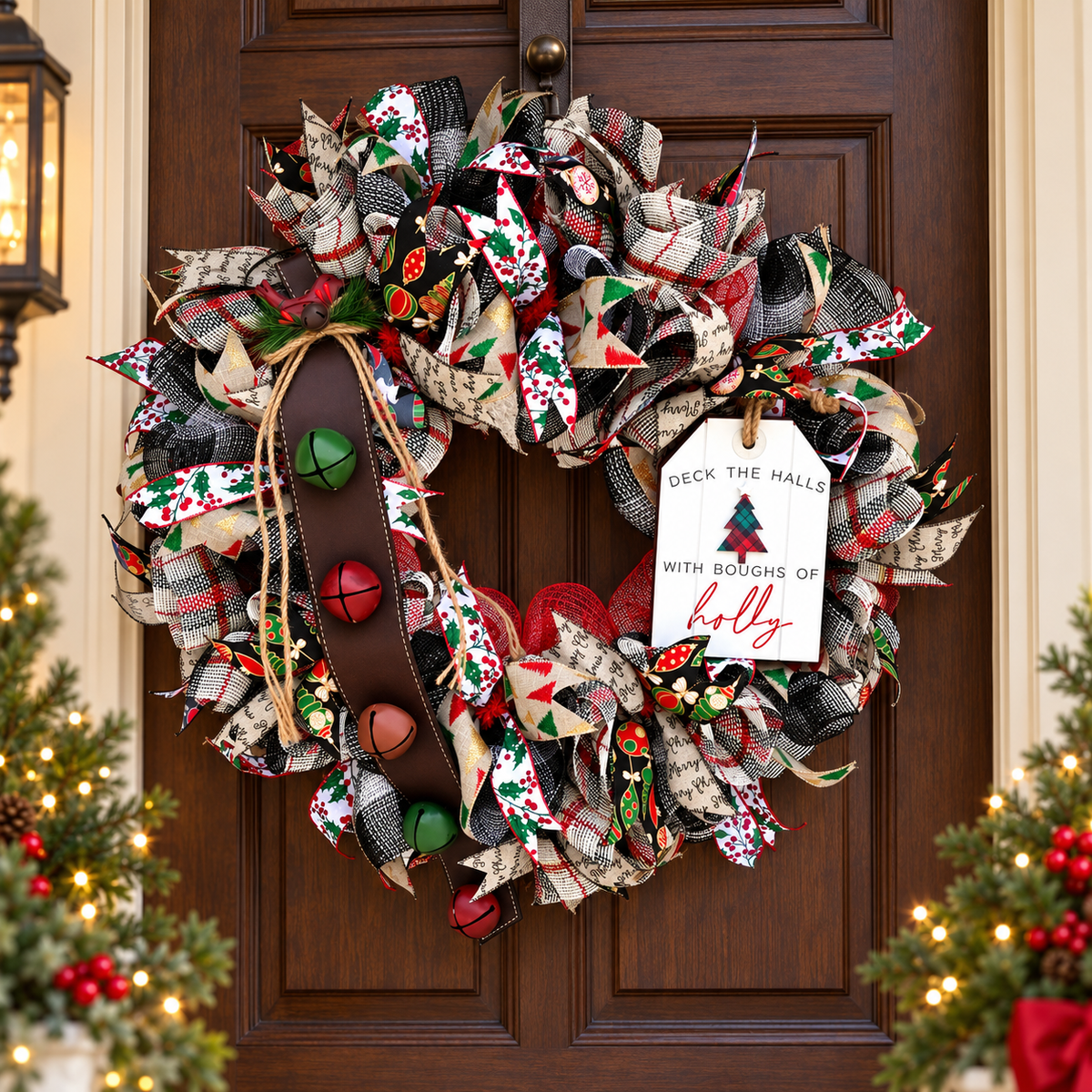 Deck the Halls jingle bells wreath hanging on a wooden front door beside Christmas greenery and warm lights