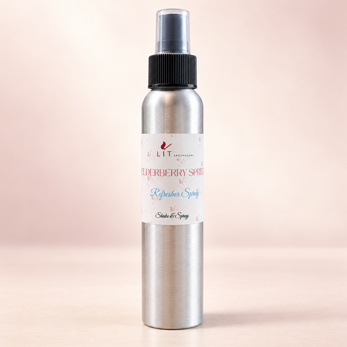 Elderberry Spritz room spray in a silver aluminum bottle with elderberries and a sparkling rosé drink