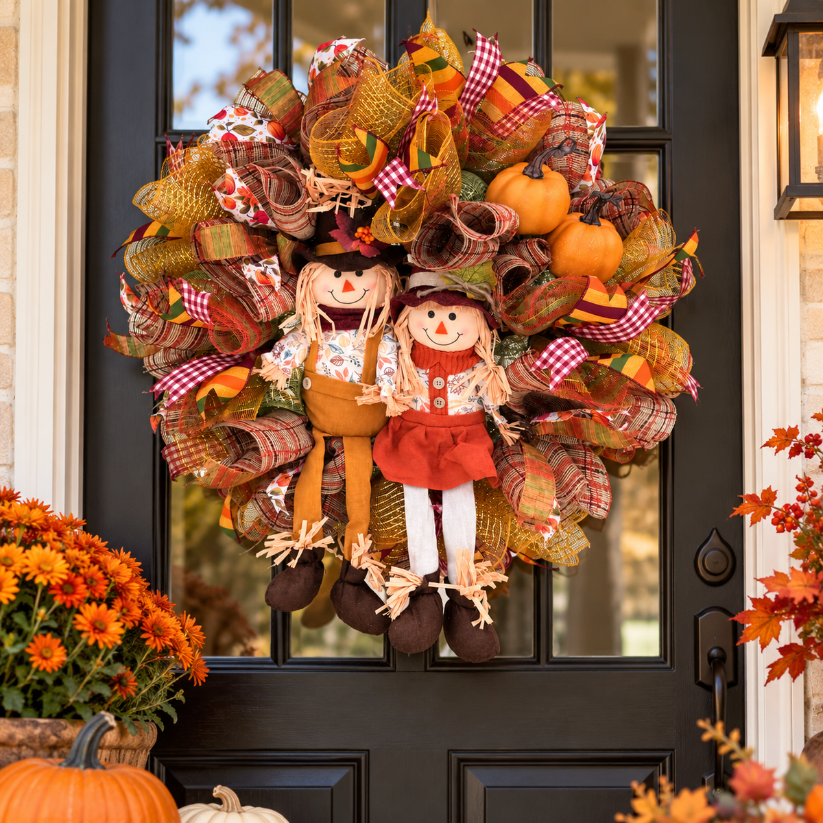 Harvest Scarecrow Couple Fall Wreath displayed on an autumn front door